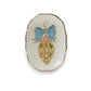 Mellow Monkey stoneware scalloped dish featuring a festive ornament design with gold electroplated edges.