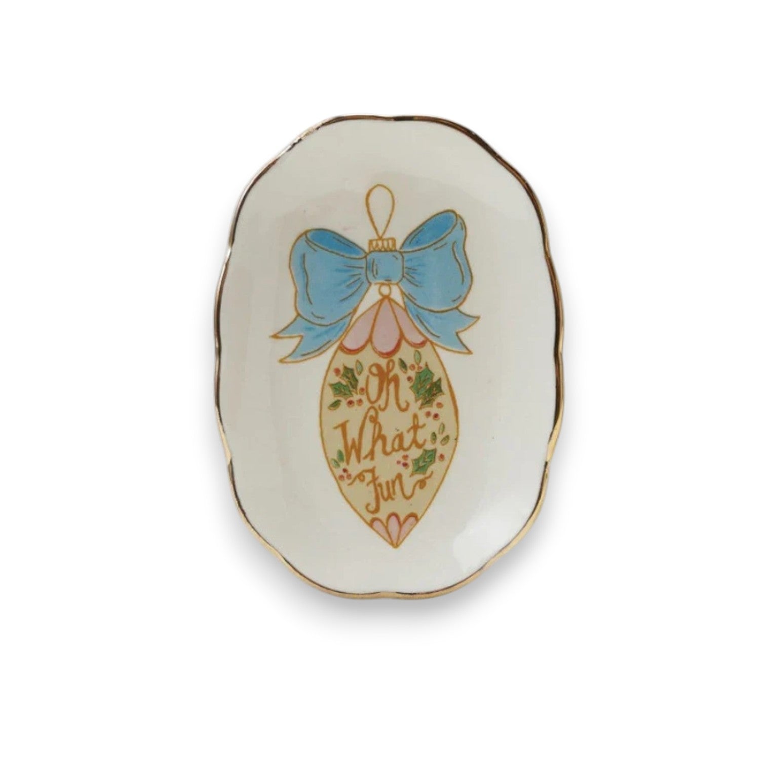 Mellow Monkey stoneware scalloped dish featuring a festive ornament design with gold electroplated edges.