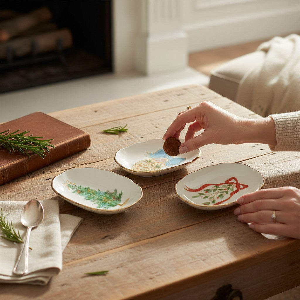Mellow Monkey stoneware scalloped dishes with festive holiday illustrations and gold electroplated rims on a table.