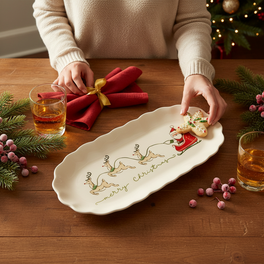 Mellow Monkey cream stoneware platter with scalloped edges, featuring a Santa's sleigh and reindeer Christmas design.