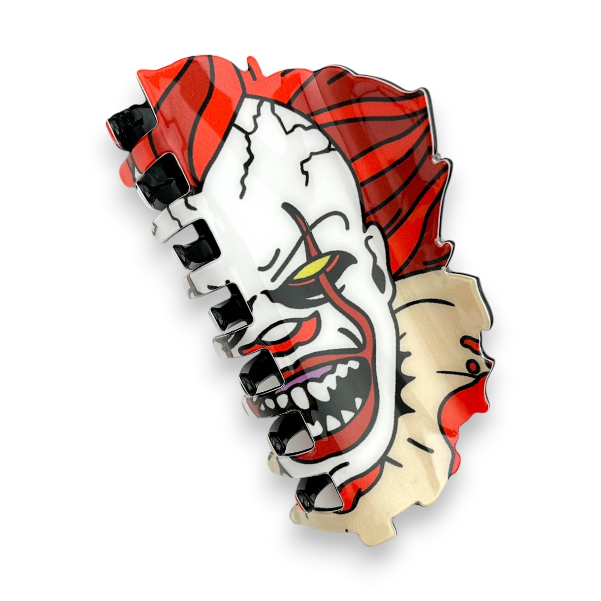 Mellow Monkey scary clown Halloween claw hair clip with red and white detailed character design