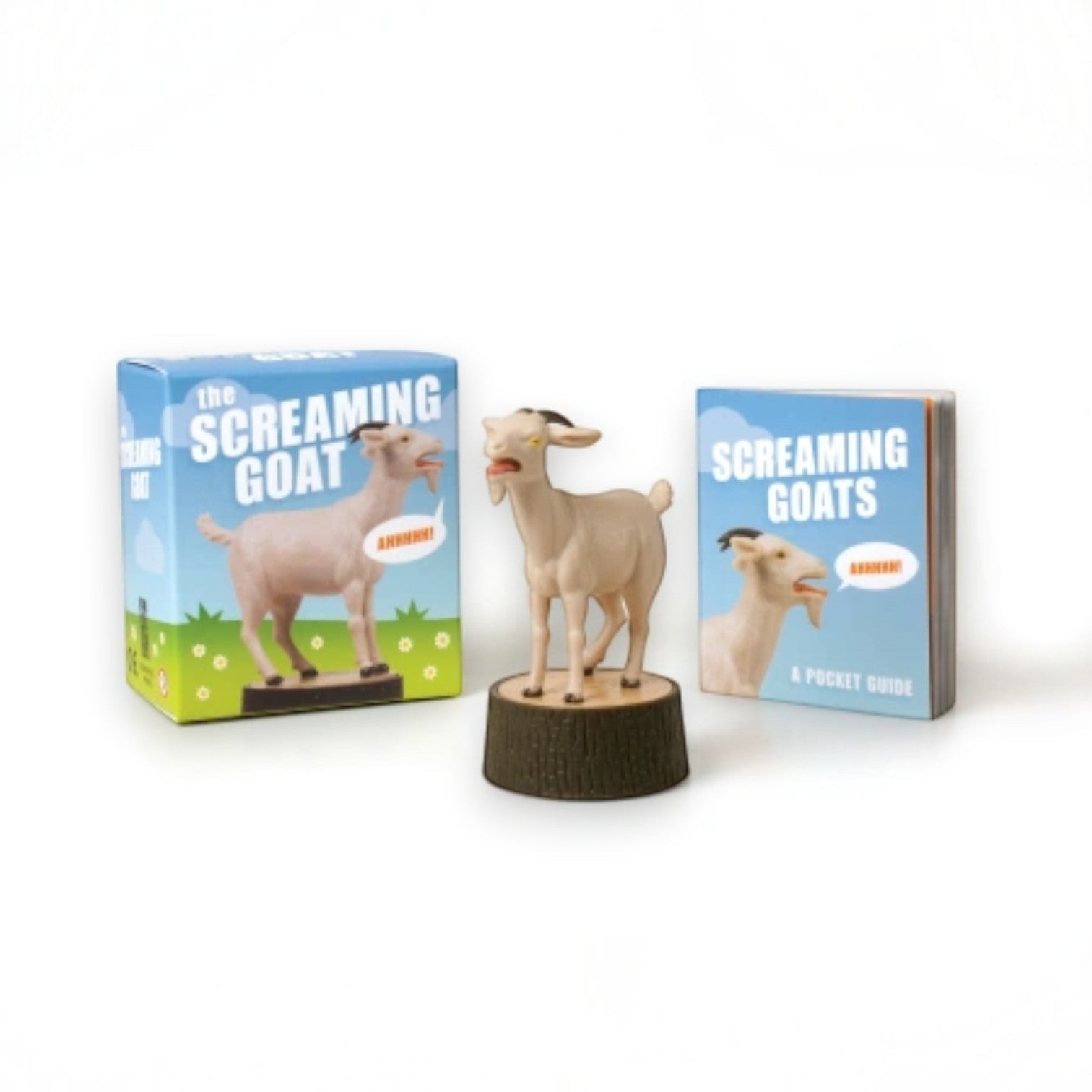 Mellow Monkey screaming goat figurine on a tree stump base with its illustrated pocket guide and display box.