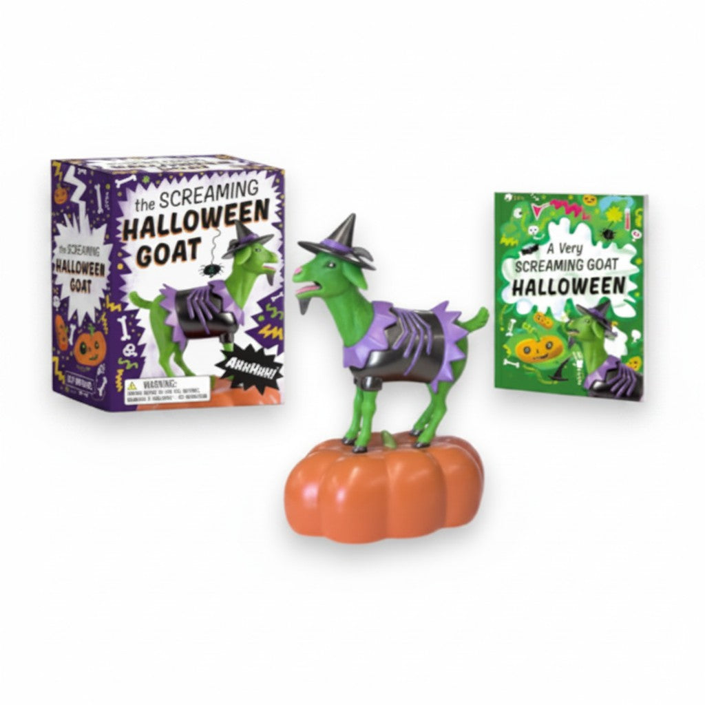 Mellow Monkey screaming Halloween goat figurine wearing a witch hat and costume, standing on a pumpkin base with book.