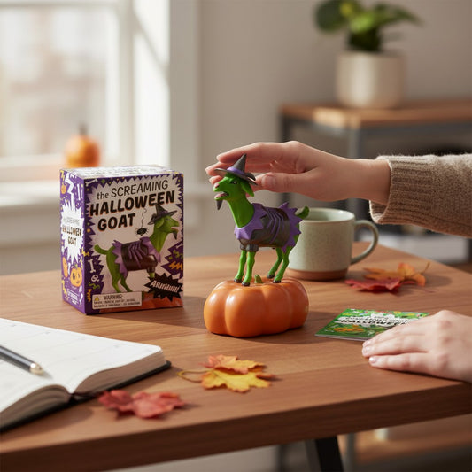 Mellow Monkey screaming witch goat figurine on a pumpkin base with its matching Halloween mini book on a desk