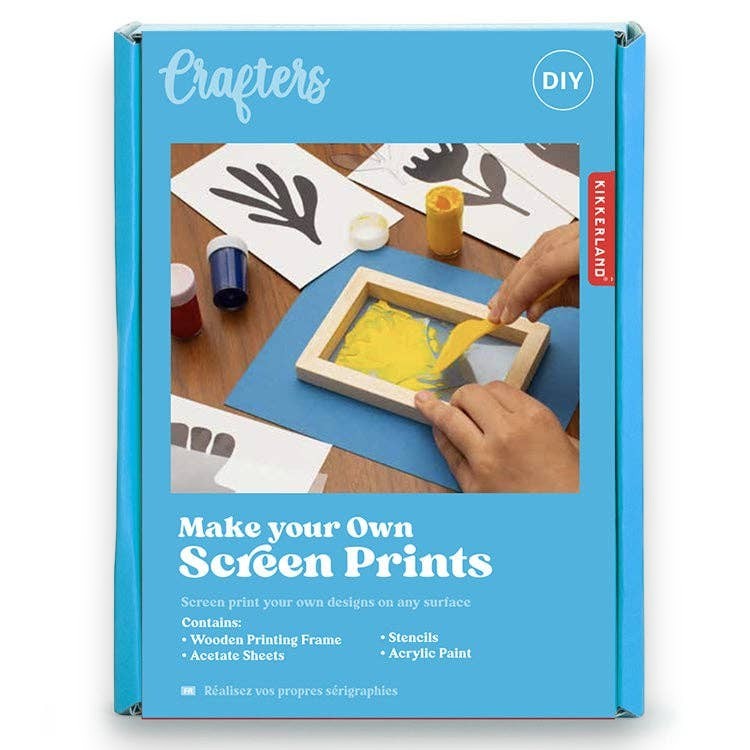 Mellow Monkey Crafter's DIY screen printing kit in a blue box with wooden frame, stencils, and acrylic paints.