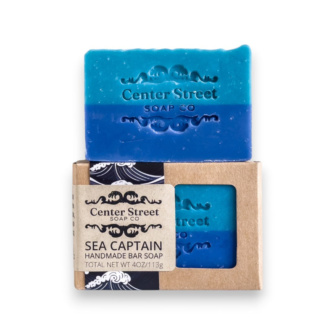 Mellow Monkey Sea Captain handmade vegan bar soap, blue and teal two-tone, woodsy masculine scent.