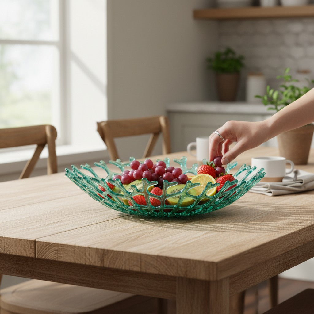 Mellow Monkey handmade sea foam green glass coral bowl filled with fresh fruit on a wooden dining table