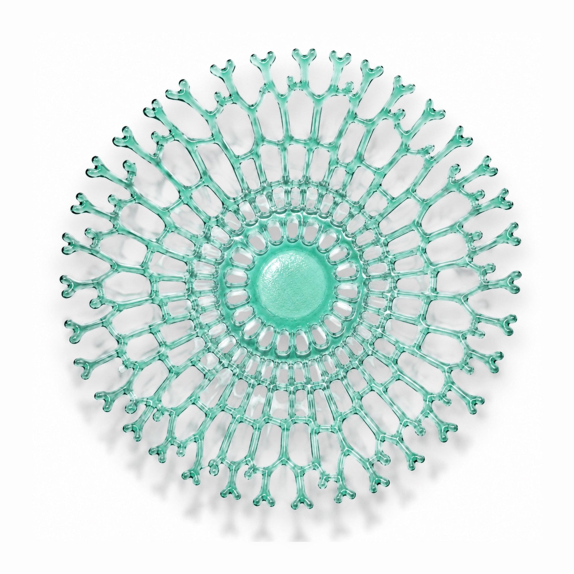 Mellow Monkey handmade sea foam green fused glass coral bowl with an intricate organic reef-inspired design.