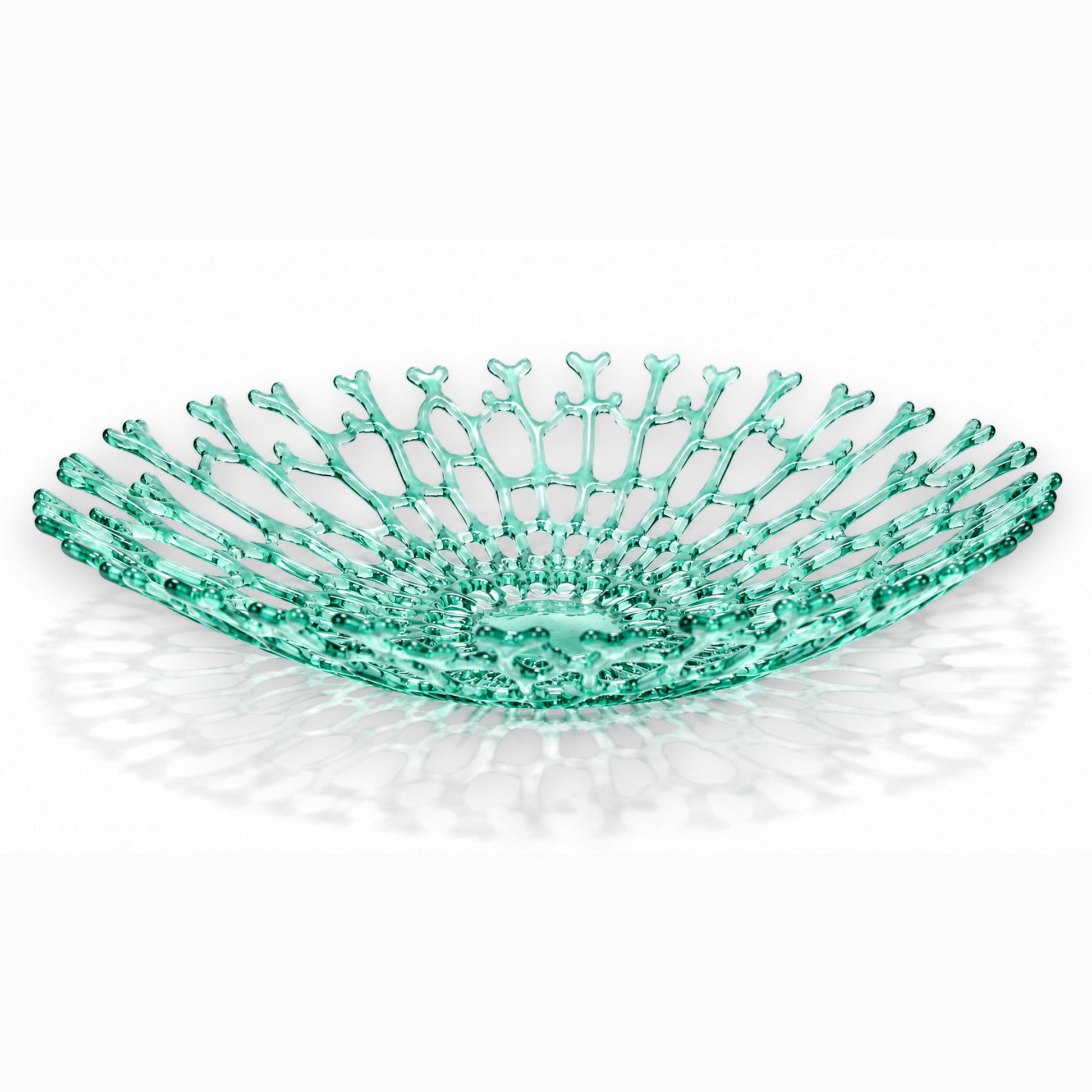 Mellow Monkey handmade sea foam green fused glass coral bowl with an organic, branching design for coastal decor.