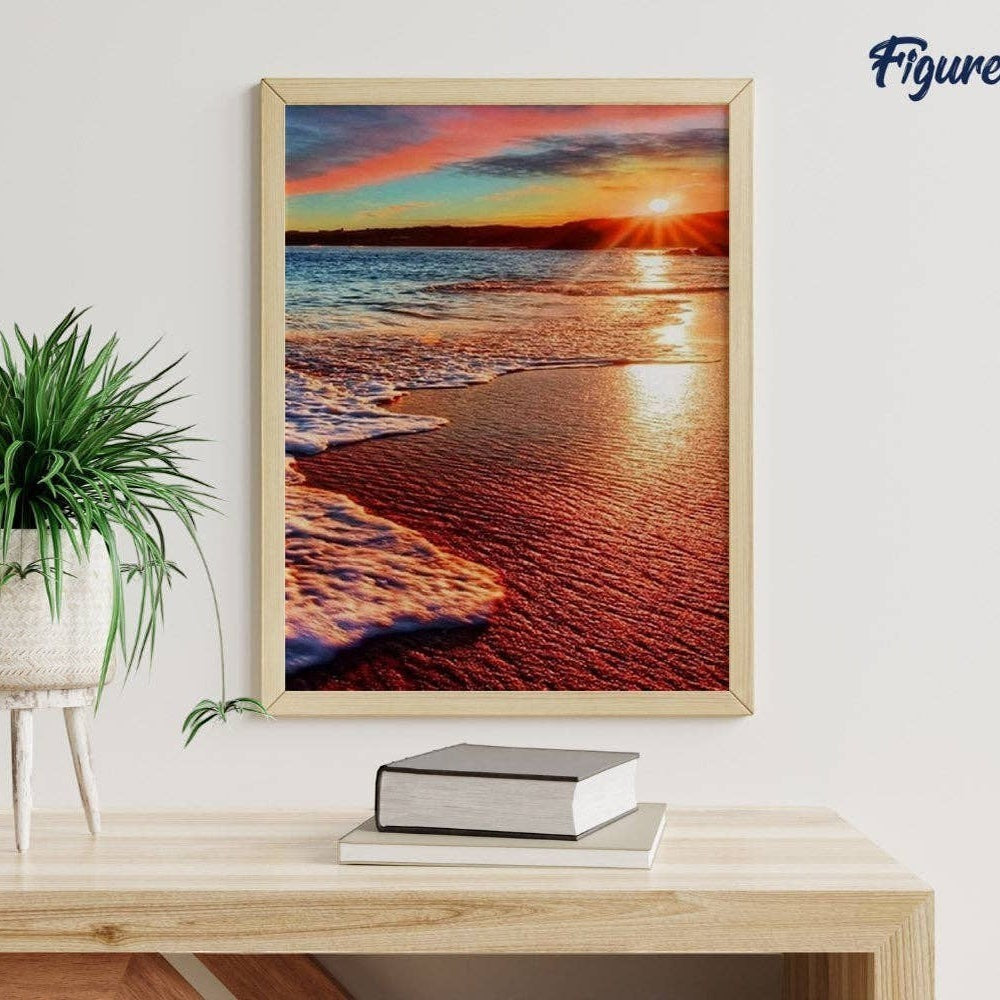 Mellow Monkey Sea Foam paint by numbers kit featuring a vibrant sunset over the ocean, 16"x20" canvas.