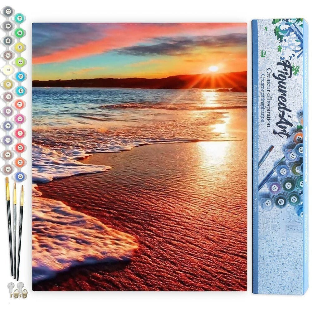 Mellow Monkey Sea Foam paint by numbers kit featuring a vibrant sunset over a beach with crashing waves. 16"x20".