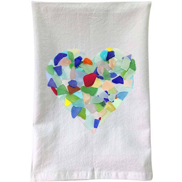 Mellow Monkey white cotton flour sack towel featuring a colorful mosaic heart made of sea glass pieces