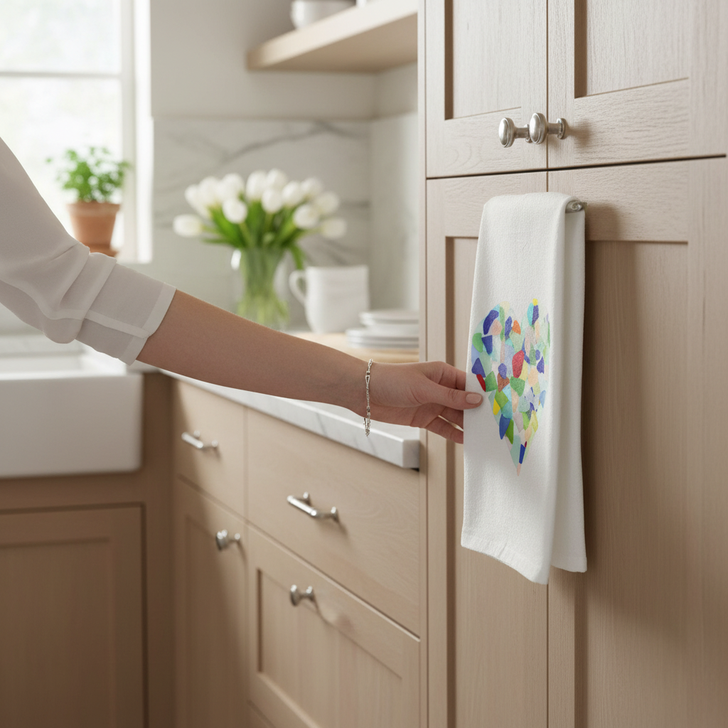 Mellow Monkey white cotton flour sack towel with a multicolor sea glass heart design hanging in a modern kitchen.
