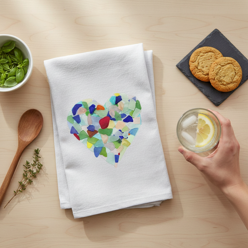 Mellow Monkey white cotton flour sack towel featuring a colorful sea glass heart design on a wooden kitchen table.
