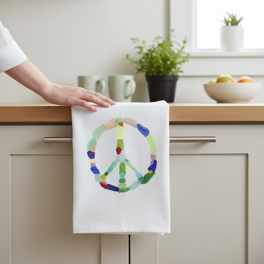 Mellow Monkey white cotton flour sack towel featuring a colorful sea glass peace sign design hanging in a kitchen.