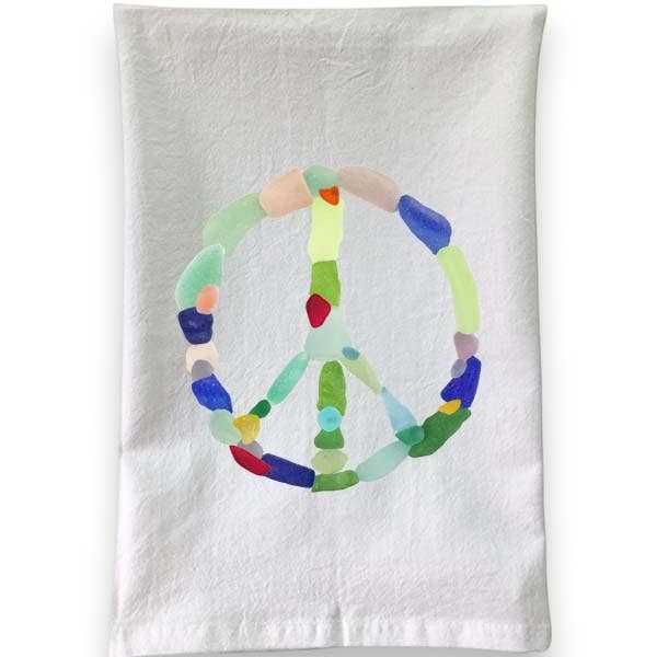 Mellow Monkey white cotton flour sack towel featuring a colorful peace sign made of sea glass shapes