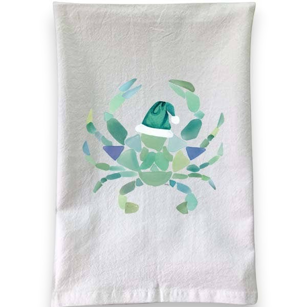 Mellow Monkey white cotton flour sack towel featuring a festive sea glass crab wearing a green Santa hat