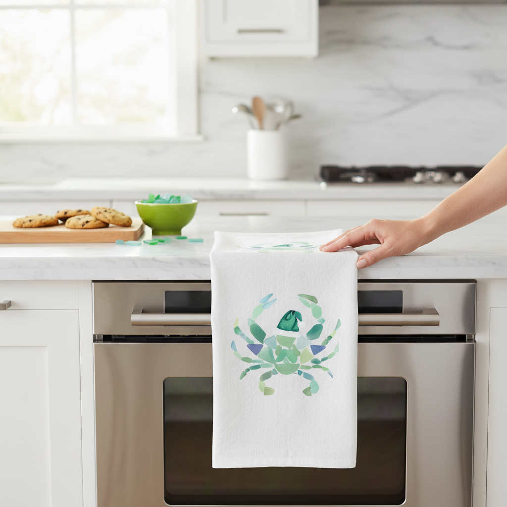 Mellow Monkey white cotton flour sack towel featuring a festive sea glass Santa crab design hanging on an oven handle