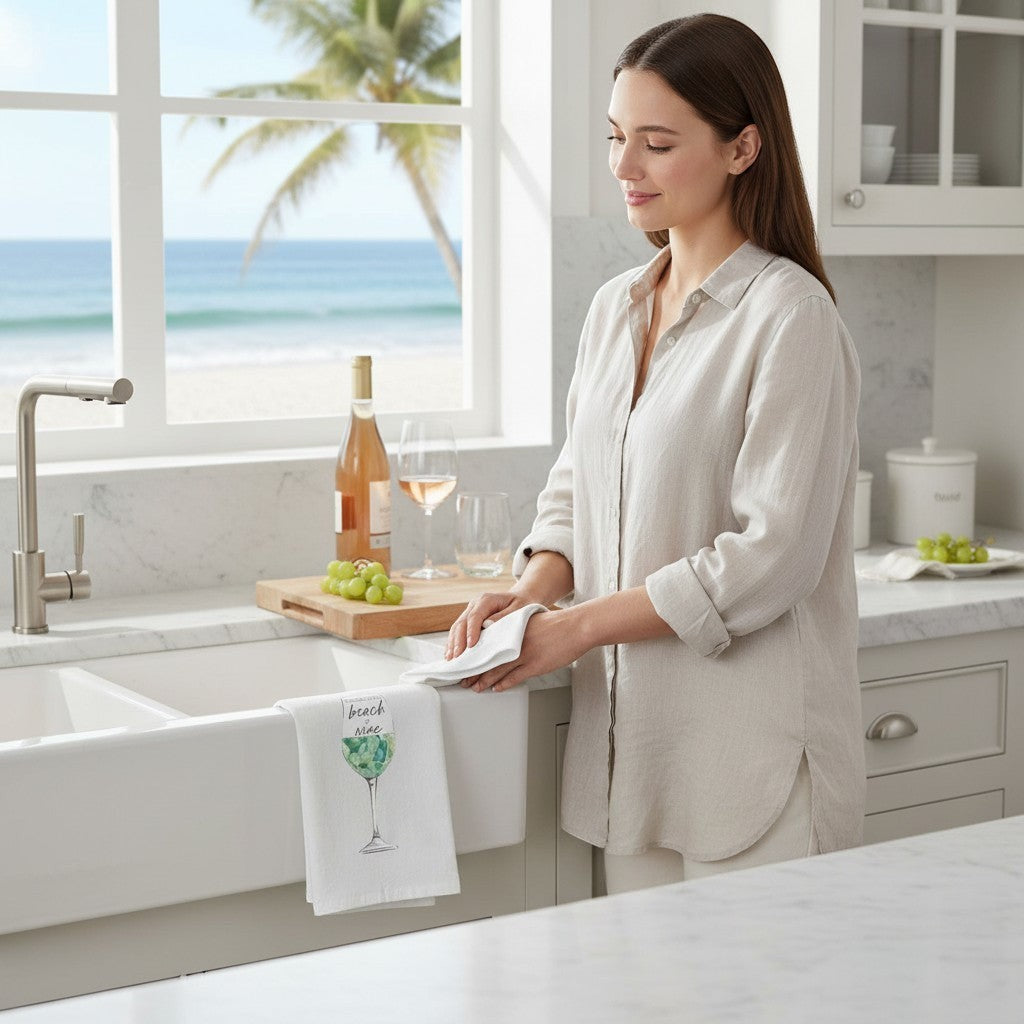 Mellow Monkey white 100% cotton flour sack towel with a wine glass filled with sea glass and the text "If I had my way, all I'd do is beach and wine."