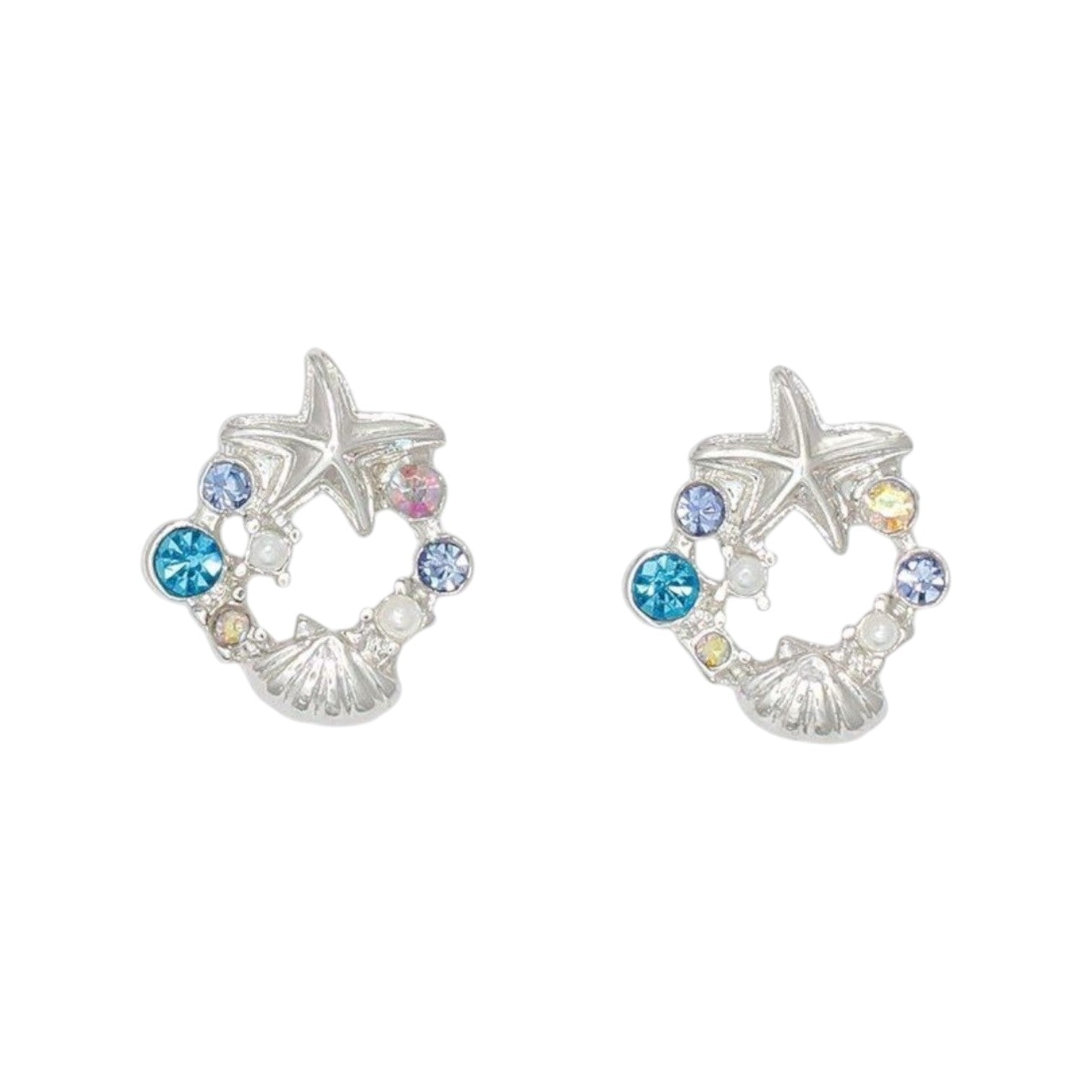 Mellow Monkey sea life stud earrings featuring silver whale and starfish designs with aqua and multi-color crystals.