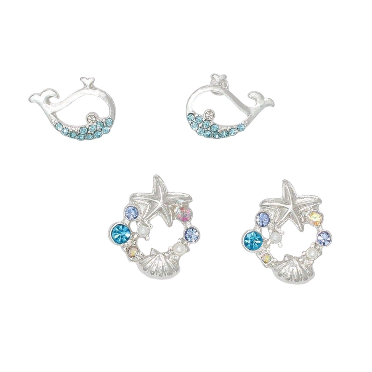 Mellow Monkey sea life stud earrings featuring silver whale and starfish designs with aqua and multi-colored crystals.