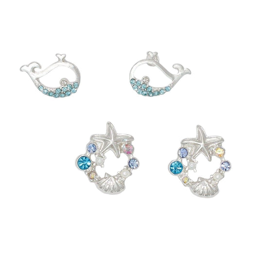 Mellow Monkey sea life stud earrings featuring silver whale and starfish designs with aqua and multi-colored crystals.