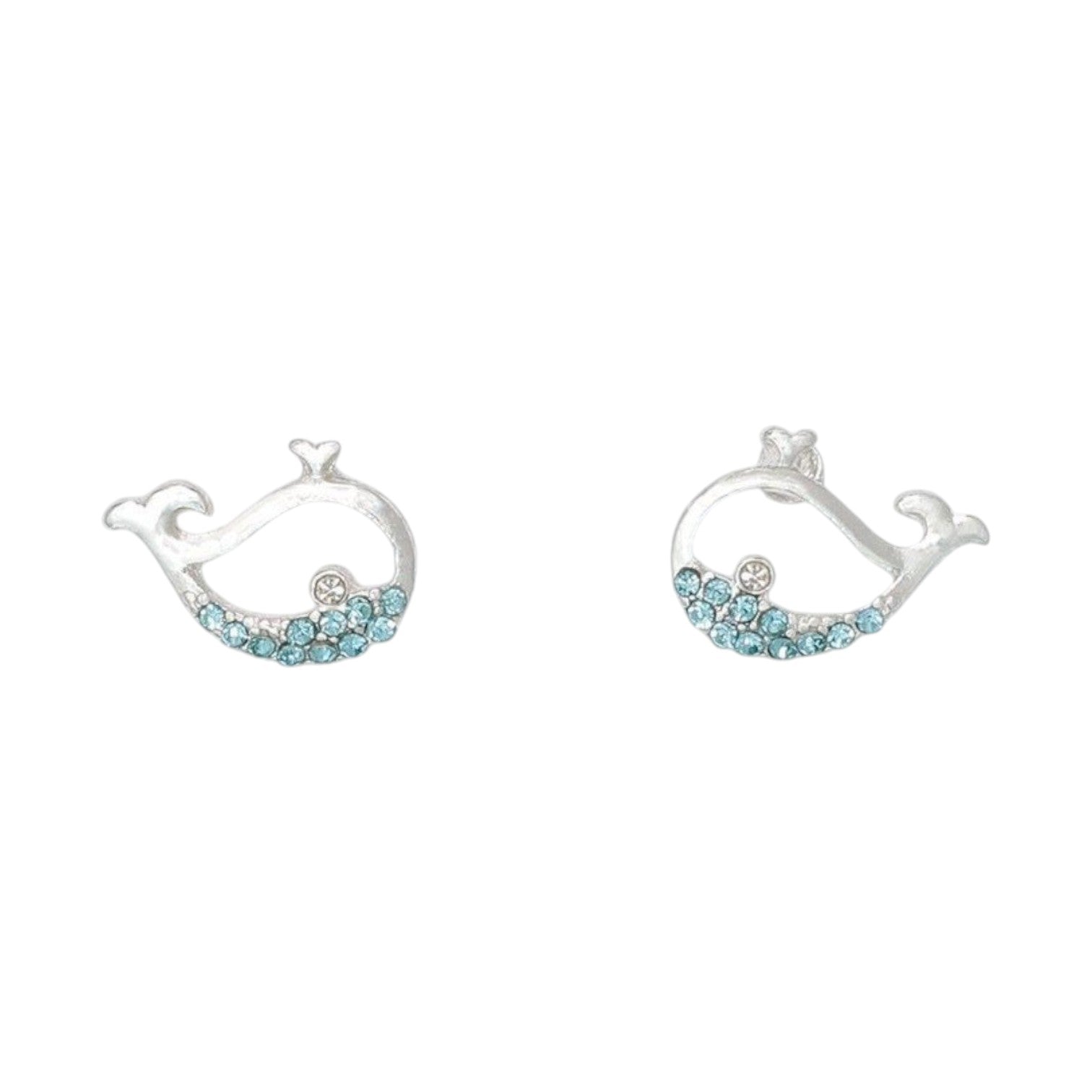 Mellow Monkey sea life stud earrings featuring silver whale and starfish designs with sparkling aqua crystals.