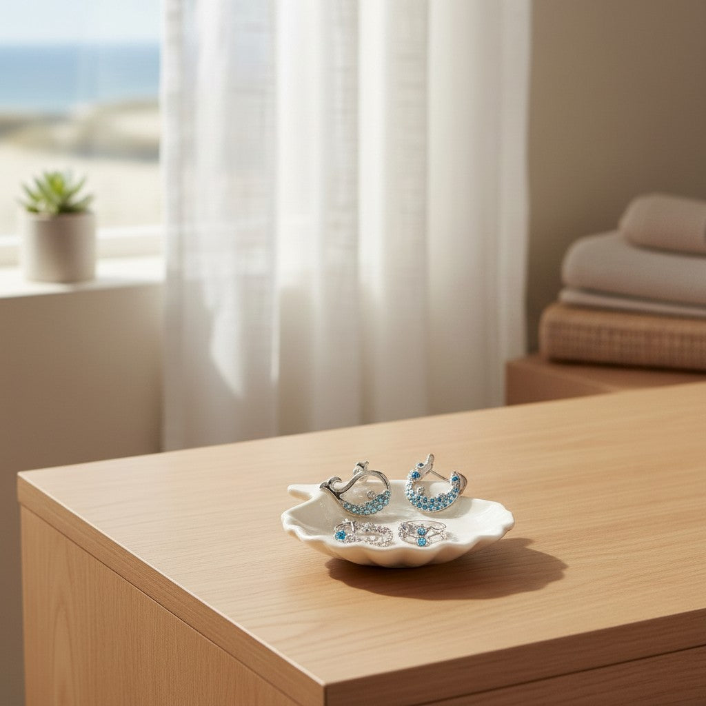 Mellow Monkey sea life earrings with aqua crystals on a white shell dish by a sunny window
