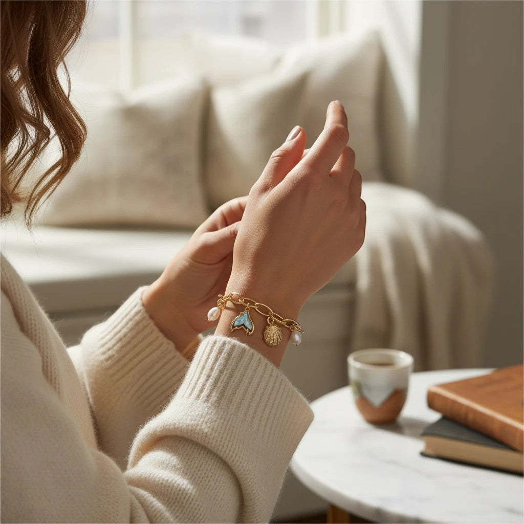 Mellow Monkey gold chain bracelet with sea life charms and pearls worn on a woman's wrist in a cozy room.