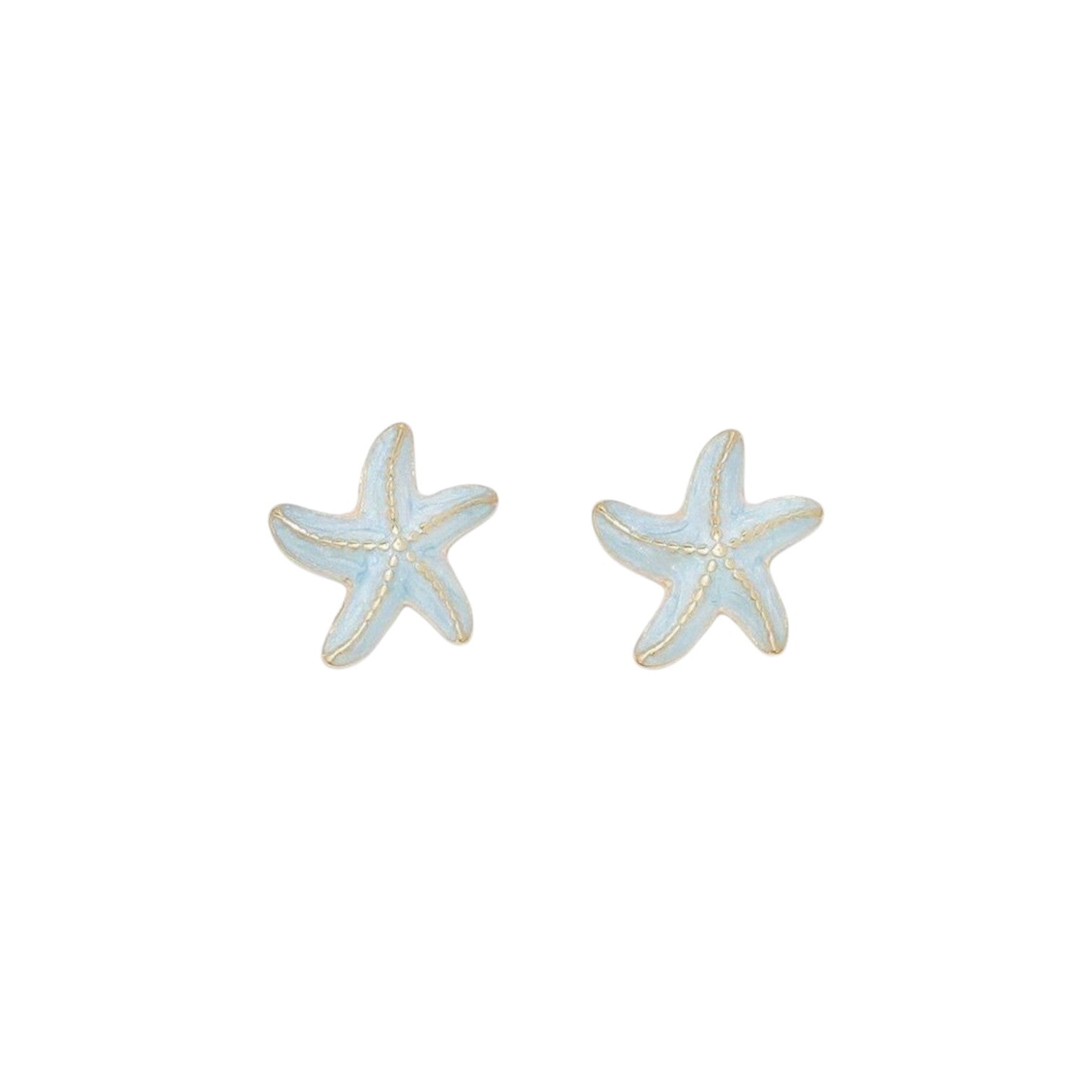 Mellow Monkey gold and light blue enamel starfish, scallop shell, and conch stud earrings trio for coastal style.