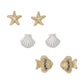 Mellow Monkey two-tone sea life stud earrings featuring gold starfish, silver seashells, and gold fish with crystals.
