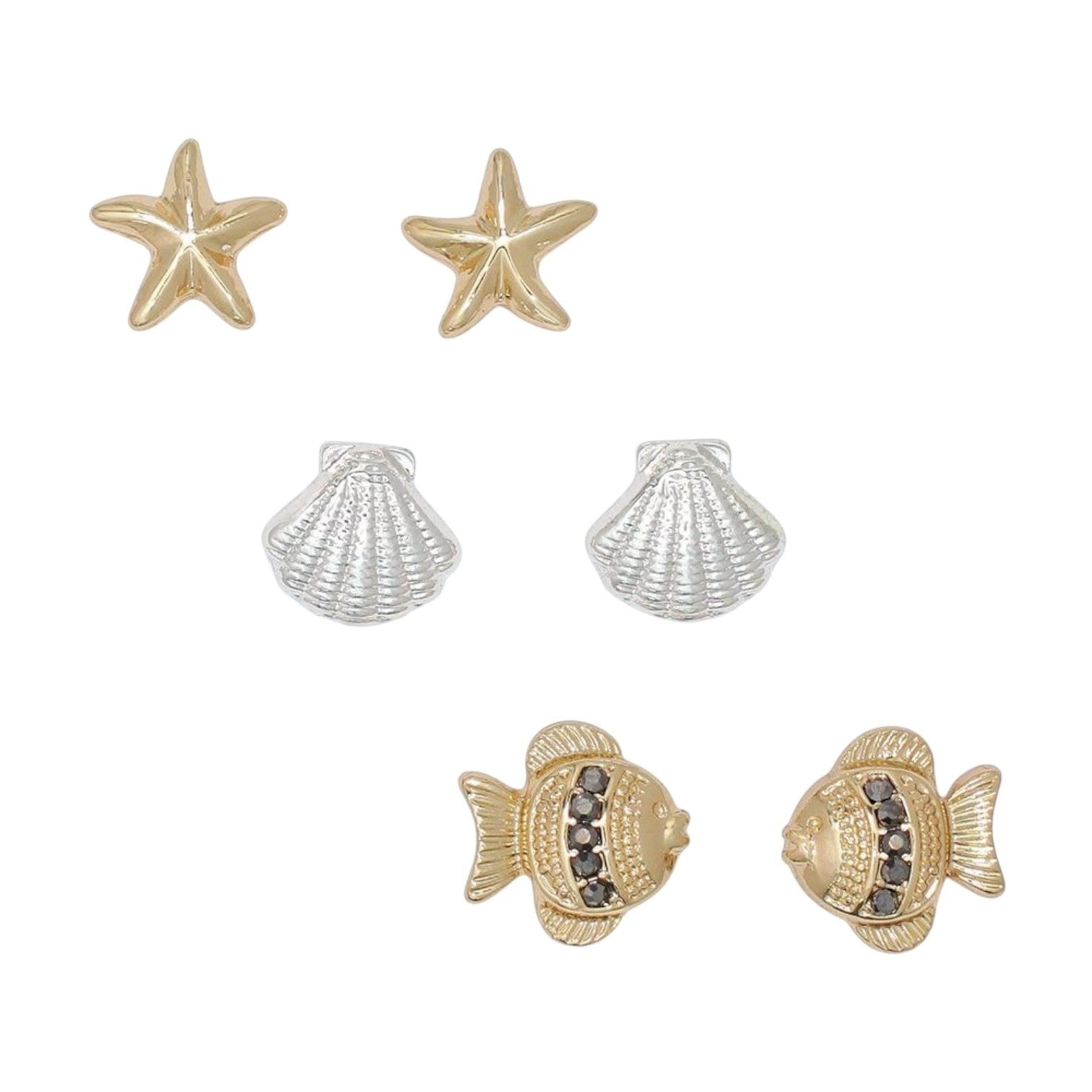 Mellow Monkey two-tone sea life stud earrings featuring gold starfish, silver seashells, and gold fish with crystals.