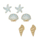 Mellow Monkey gold and light blue enamel sea life stud earring trio featuring starfish, scallop, and conch shells.