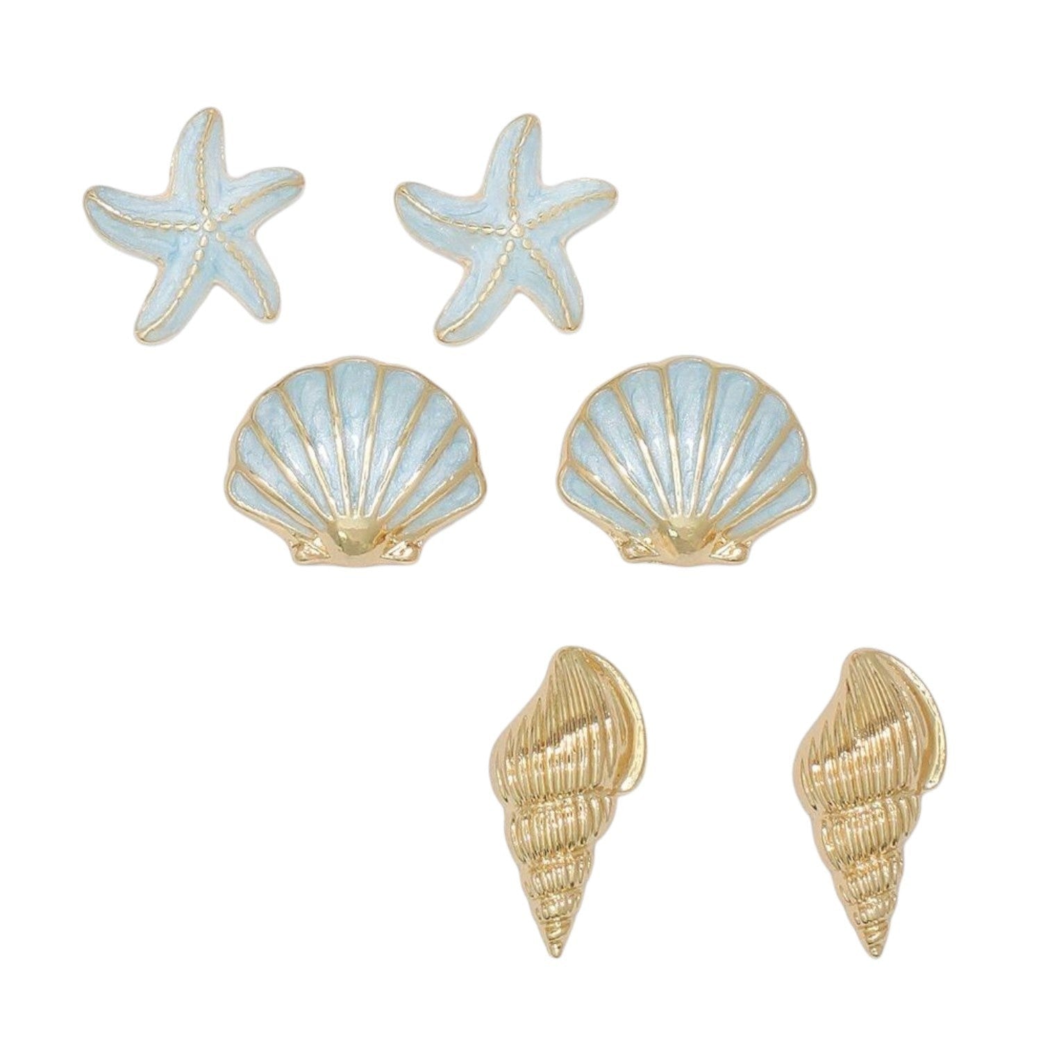 Mellow Monkey gold and light blue enamel sea life stud earring trio featuring starfish, scallop, and conch shells.