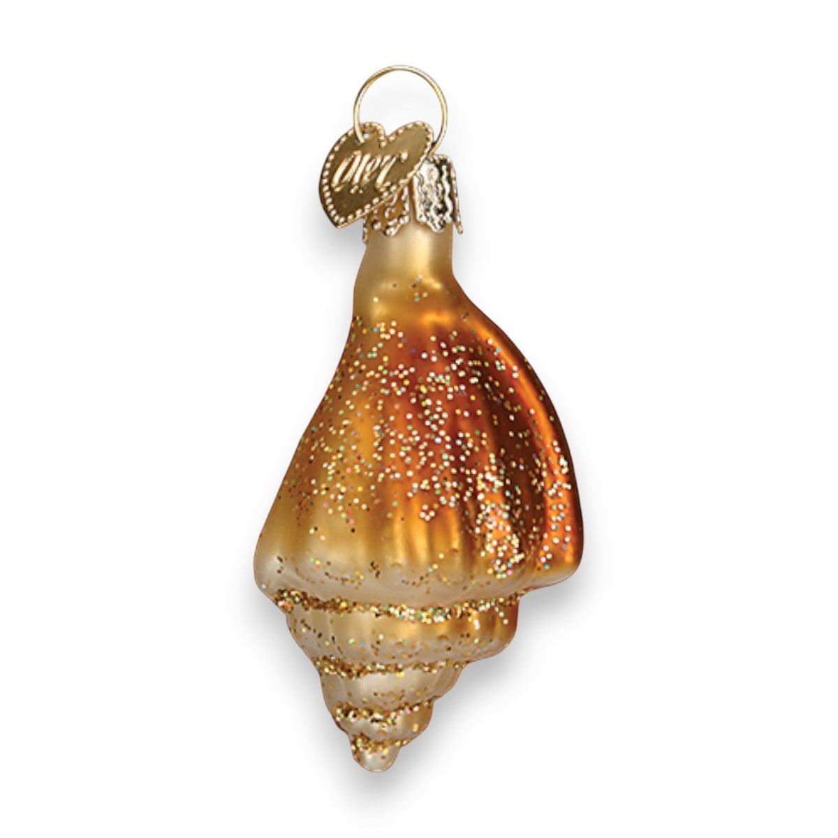 Mellow Monkey mini sea shell blown glass holiday ornament, amber and gold with glitter accents.