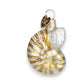 Mellow Monkey Mini Sea Shell blown glass holiday ornament, white with gold stripes and glitter accents.
