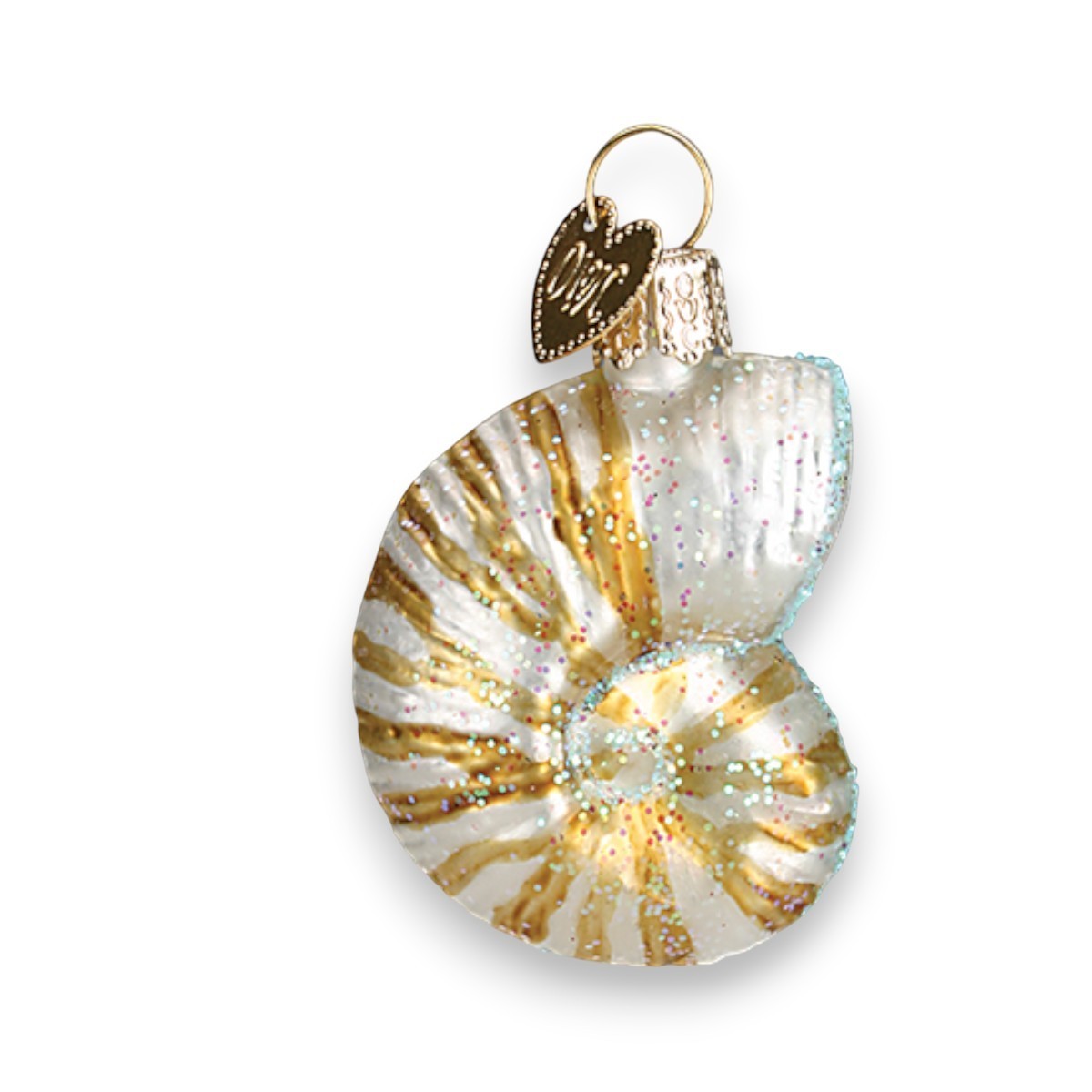 Mellow Monkey Mini Sea Shell blown glass holiday ornament, white with gold stripes and glitter accents.