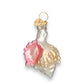 Mellow Monkey Mini Sea Shell Old World Christmas blown glass ornament, white with pink interior and glitter accents.
