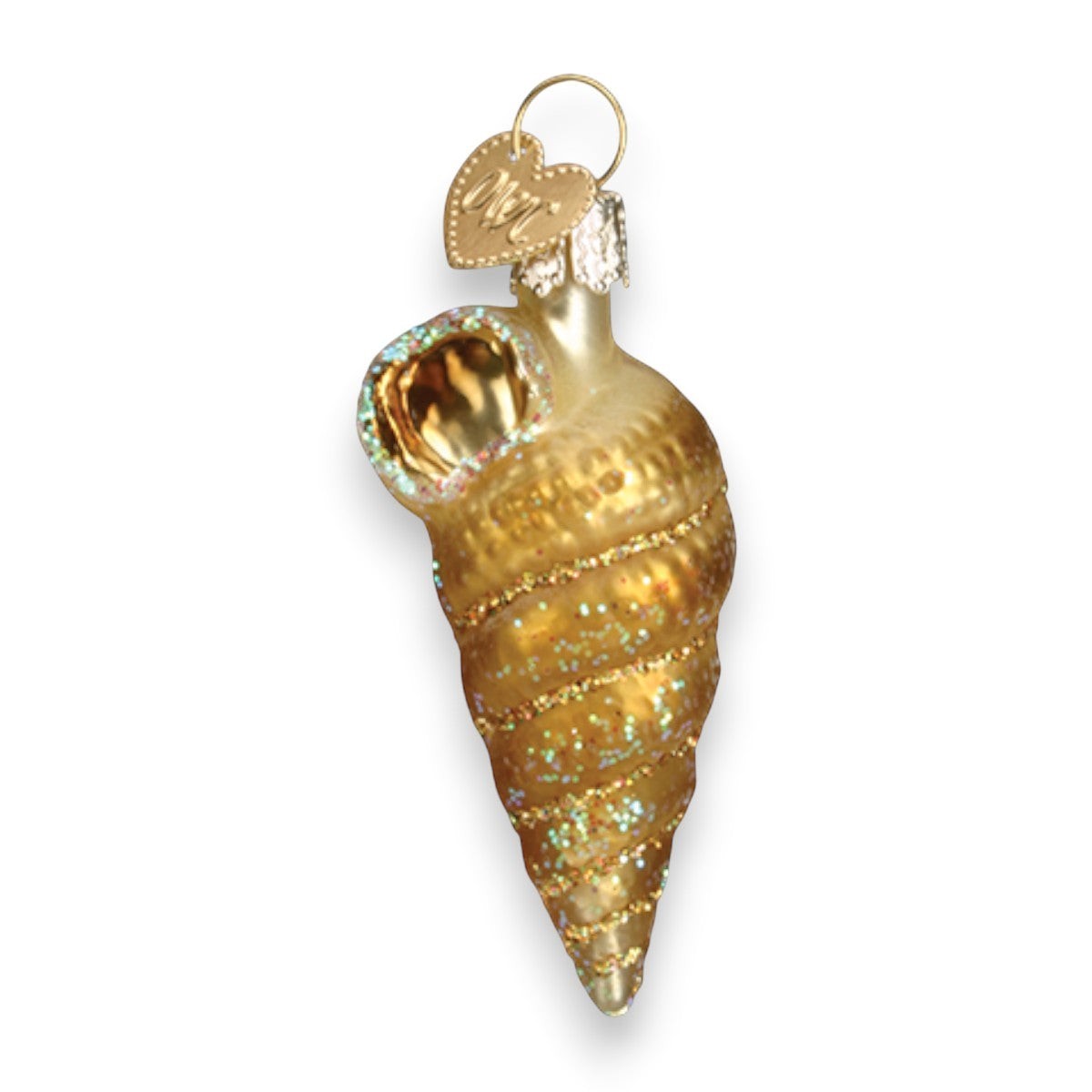 Mellow Monkey Mini Sea Shell Old World Christmas blown glass ornament, gold with glitter accents and a heart charm.