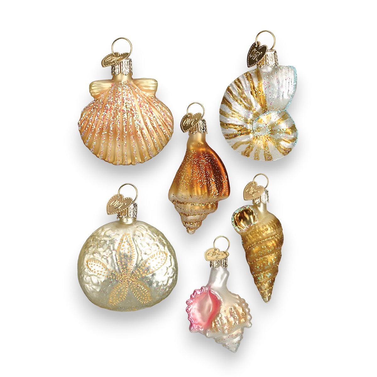Mellow Monkey assorted glass sea shell ornaments in gold, white, and pink hues with glitter accents.