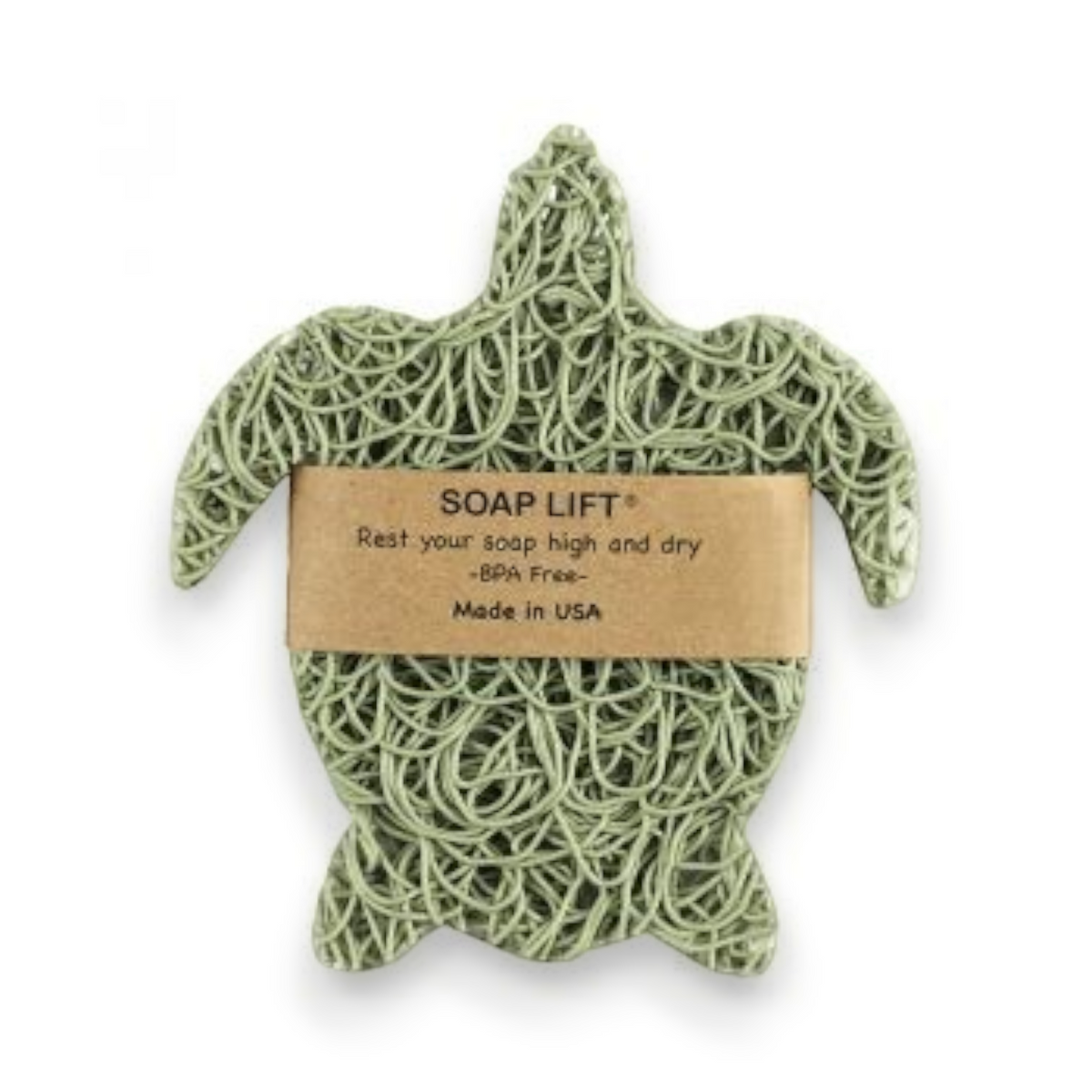 Mellow Monkey Sea Turtle Soap Lift in sage green, a bioplastic draining pad to keep bar soap dry and clean.