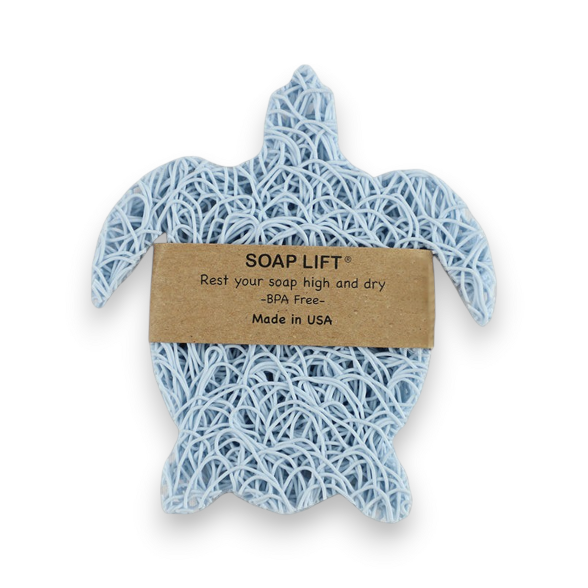 Mellow Monkey sea turtle shaped soap lift in seaside blue, a bioplastic draining pad for keeping bar soap dry.