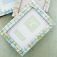 Mellow Monkey 5x7 photo frame featuring iridescent seafoam mother of pearl tiles on a sheesham wood base