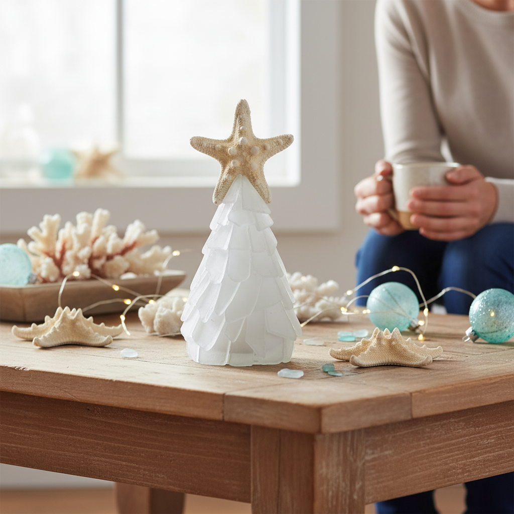 Mellow Monkey 6-inch white seaglass Christmas tree with a real starfish topper on a wooden table with coastal decor.