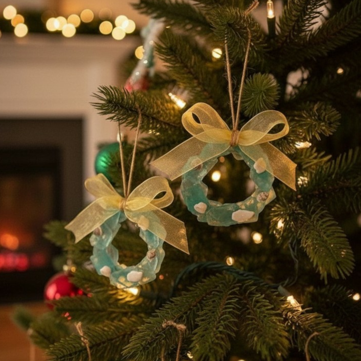 Mellow Monkey mini seaglass wreath ornaments in teal and white with lace bows hanging on a Christmas tree