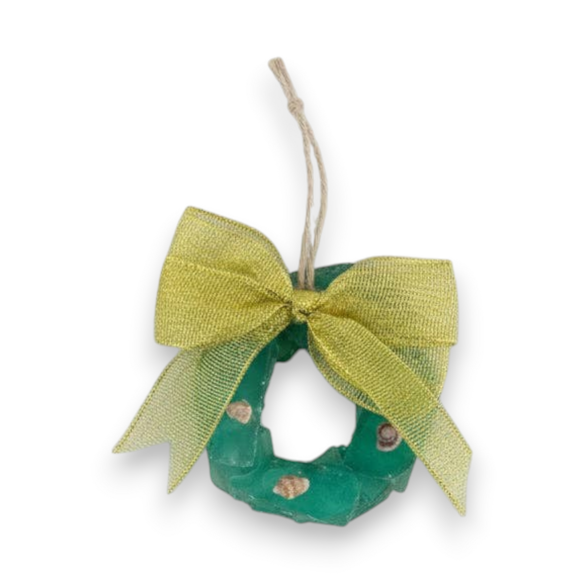 Mellow Monkey mini seaglass wreath Christmas ornament in green with a delicate gold lace bow and rustic twine loop.