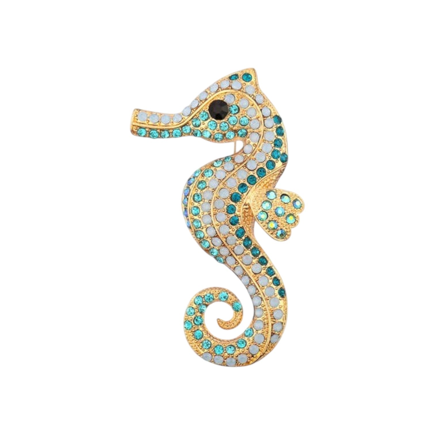Mellow Monkey gold-tone seahorse brooch pin with blue and champagne rhinestones.