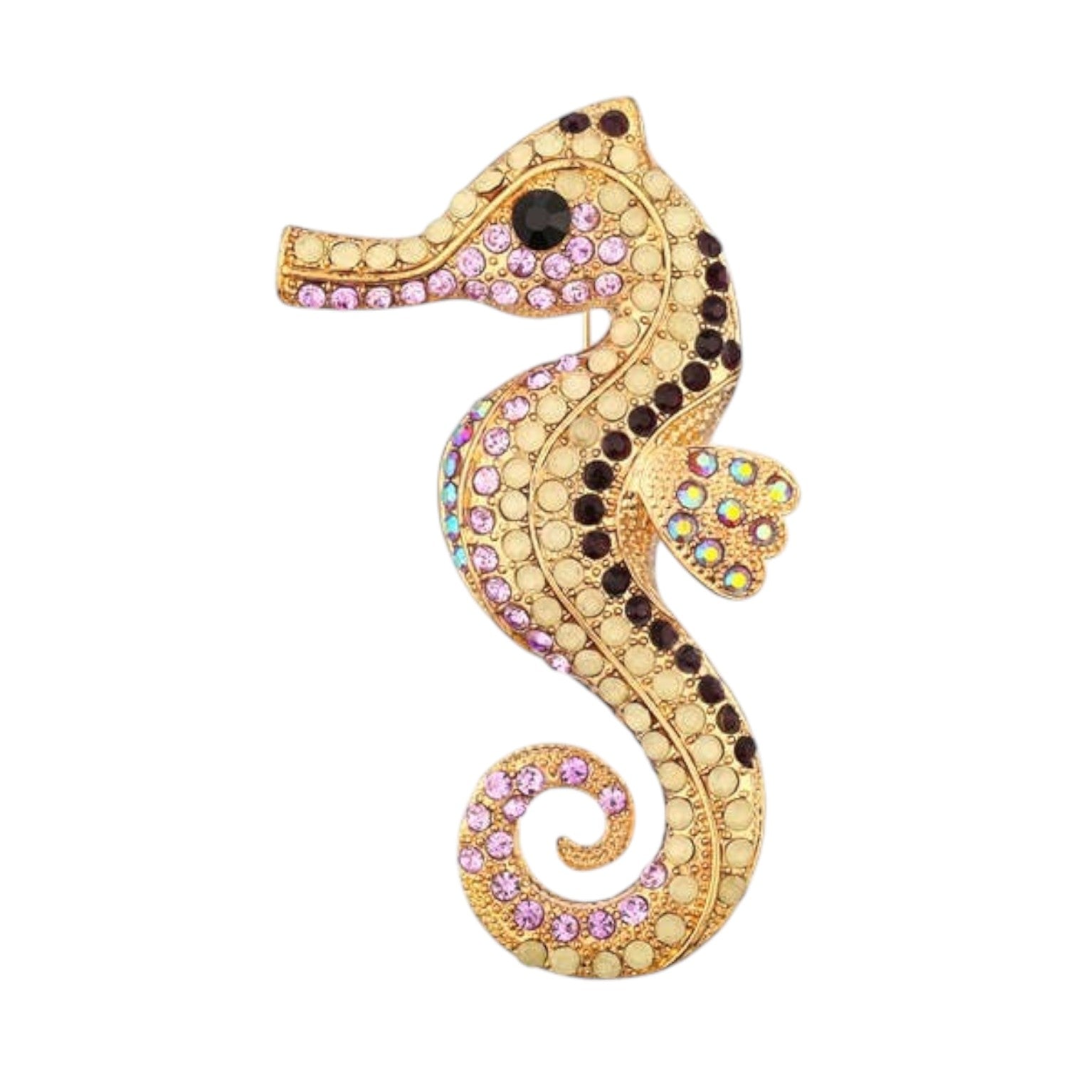 Mellow Monkey gold-tone seahorse brooch pin adorned with purple, black, and iridescent rhinestones.