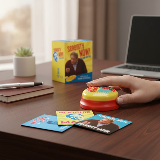 Mellow Monkey Seinfeld Serenity Now! talking button kit with Frank Costanza audio, box, and two magnets on a desk.