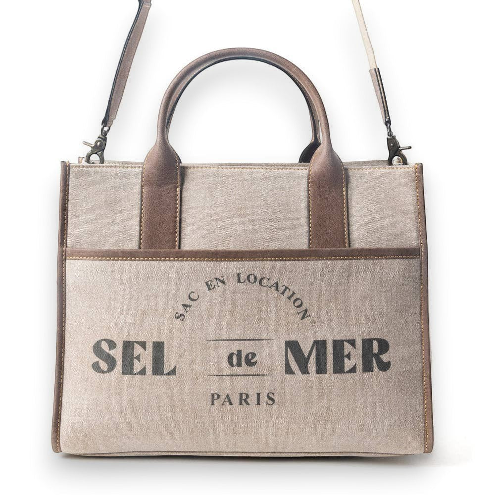 Mellow Monkey Sel de Mer shoulder bag in old mill white up-cycled canvas with brown leather trim and Parisian print